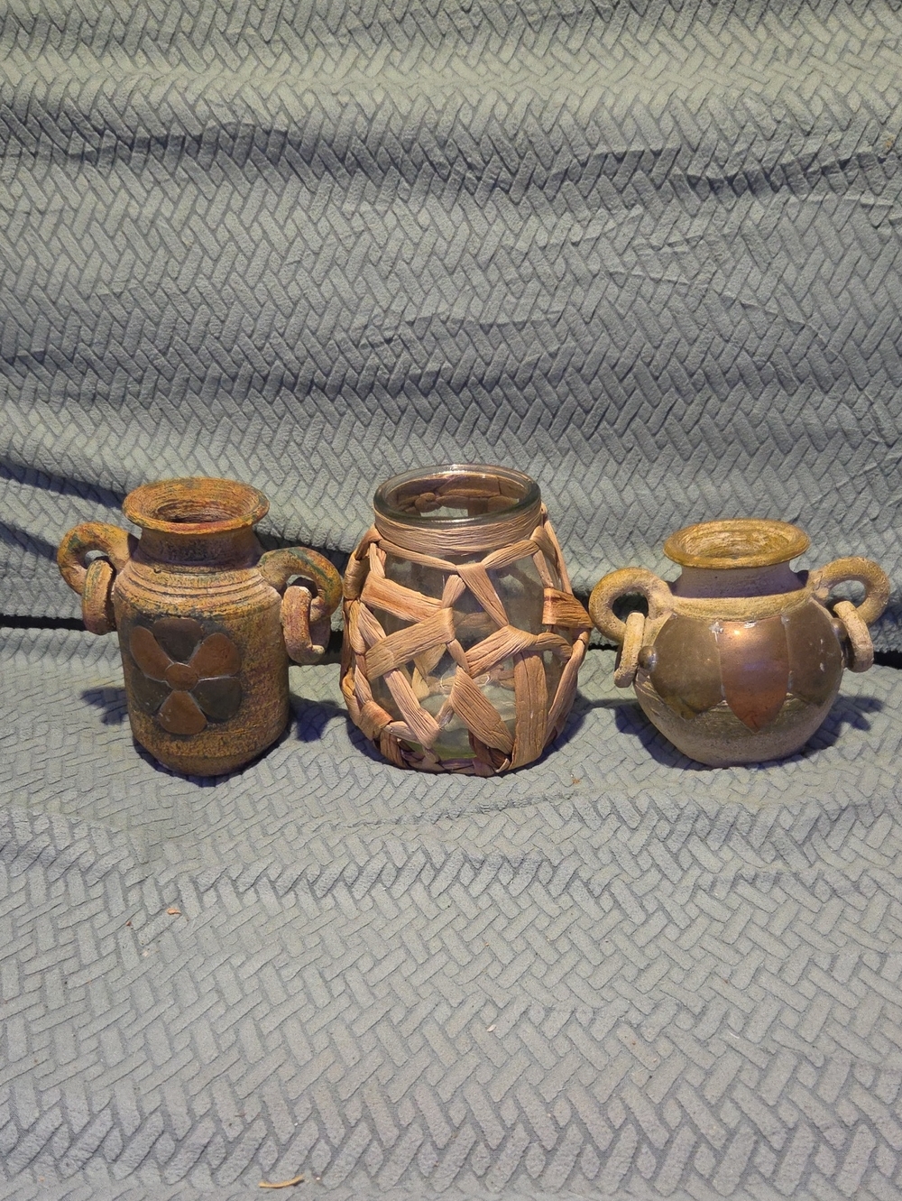 Handcrafted Rustic Ceramic and Woven Vase Trio - Natural Tones